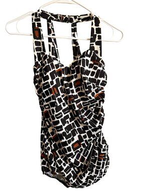 Land's End Brown Leopard Print One Piece Tankini Style Skirt Swimsuit size 8
